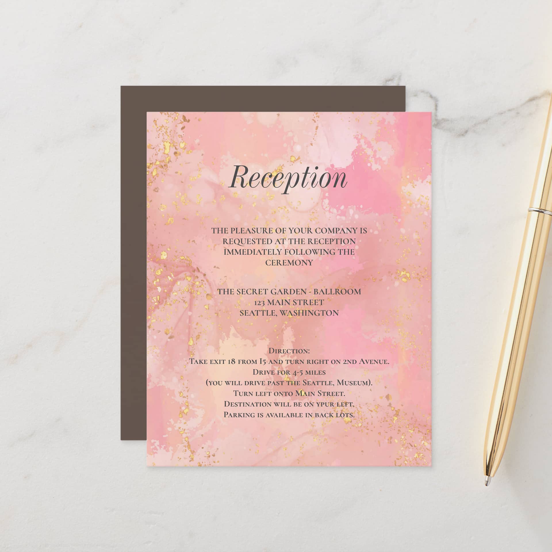 Elegant Blush and Gold Wedding Reception Card